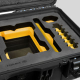 Close-up view 1 of a Red Raptor-X Black Color Carry-on Case with Custom Yellow Foam Insert