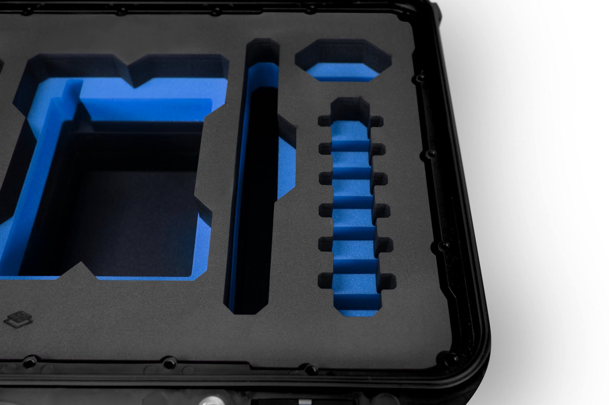 Close-up view 2 of a Red Raptor-X Black Color Carry-on Case with Custom Blue Foam Insert