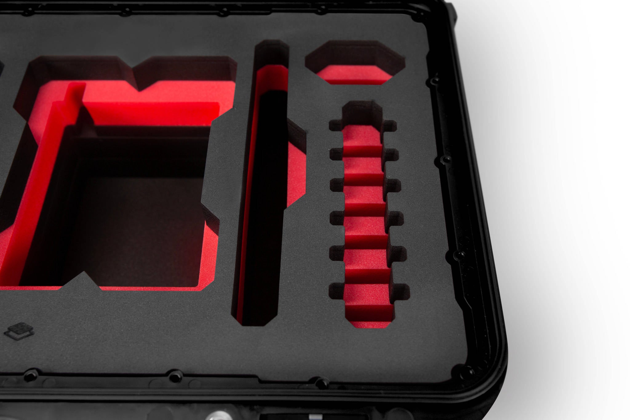 Close-up view 2 of a Red Raptor-X Black Color Carry-on Case with Custom Red Foam Insert