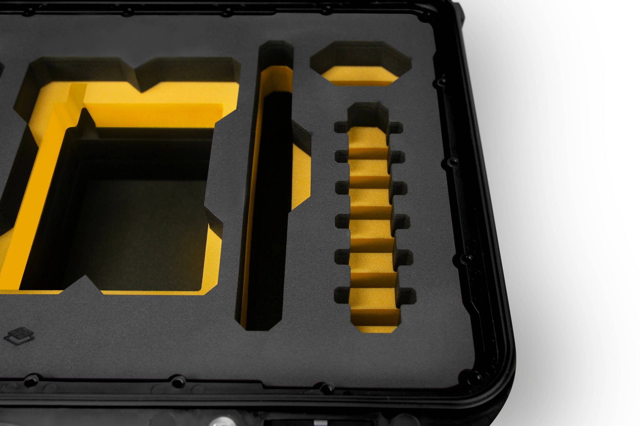 Close-up view 2 of a Red Raptor-X Black Color Carry-on Case with Custom Yellow Foam Insert